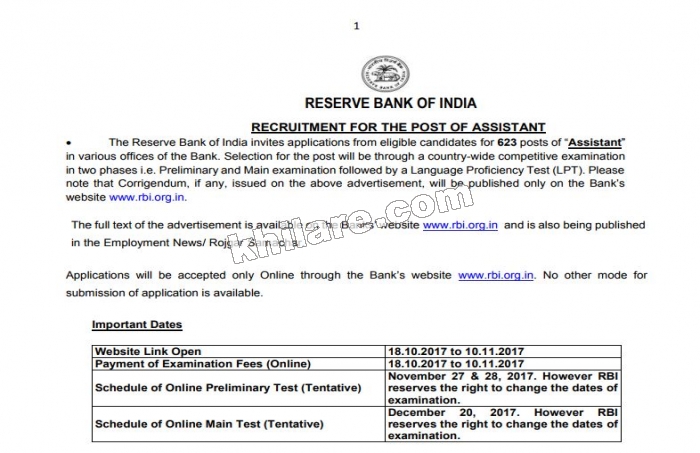 Reserve bank of India Recruitment for the post of Assistant