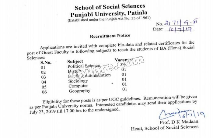 Punjabi University, Patiala Recruitment 2019
