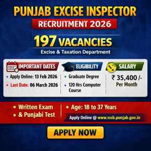 Punjab Excise Inspector Recruitment 2026 – 197 Vacancies | Apply Online, Eligibility, Last Date